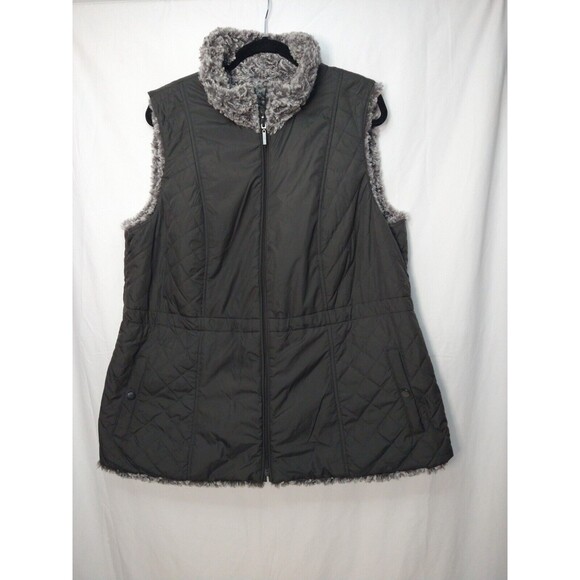 Womens Reversible Faux Fur/Puffer Vest Full Zip Gray Quilted Sz XL Sherpa - Picture 14 of 16
